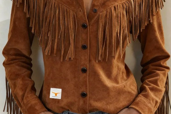 Gwenllian - Women's Fringe Suede-Look Shirt Jacket - Dark Brown