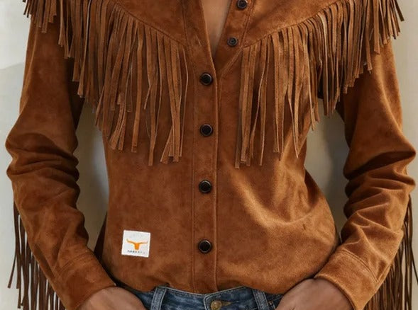 Gwenllian - Women's Fringe Suede-Look Shirt Jacket - Dark Brown
