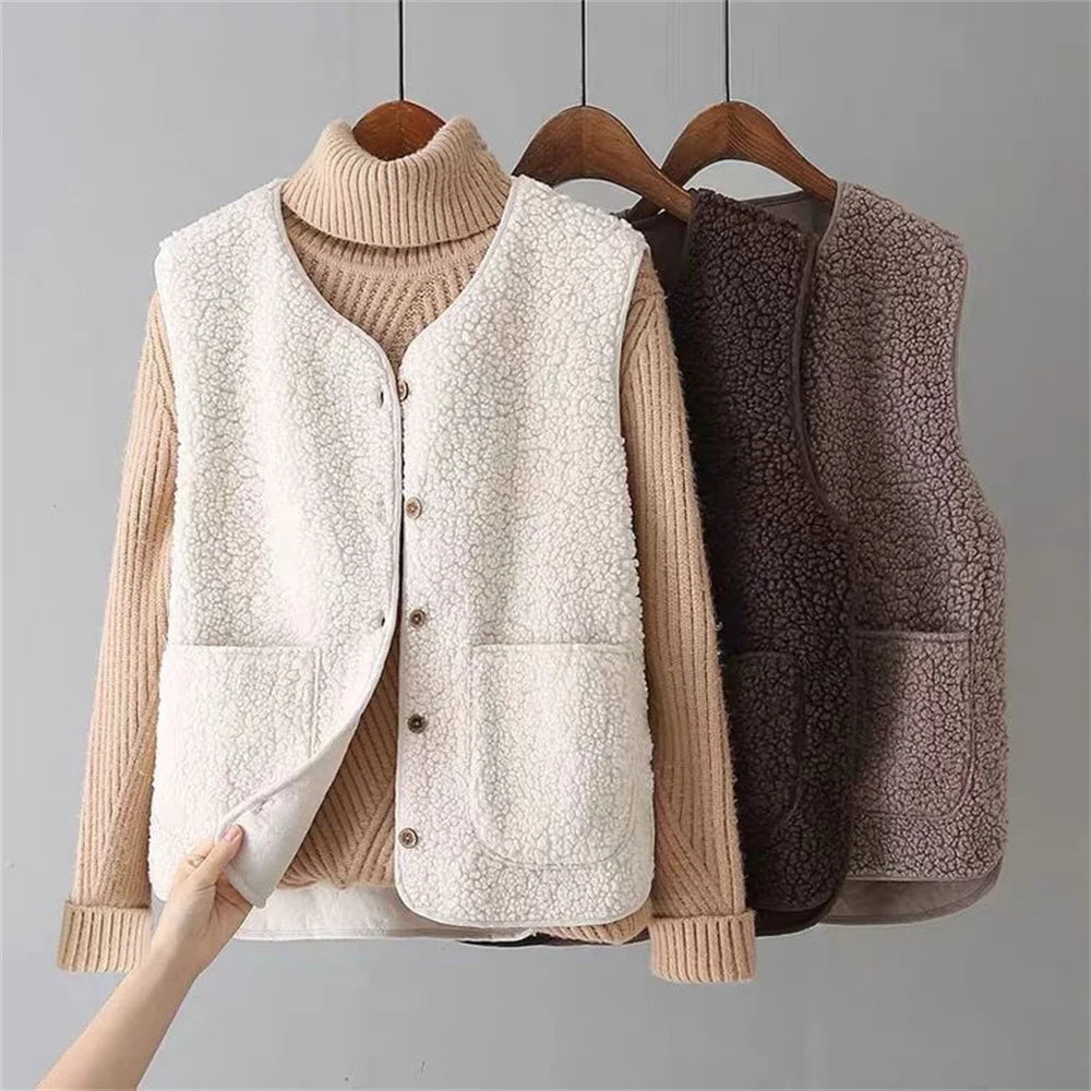 Hana - Women's Sleeveless Teddy Fleece Vest - Beige