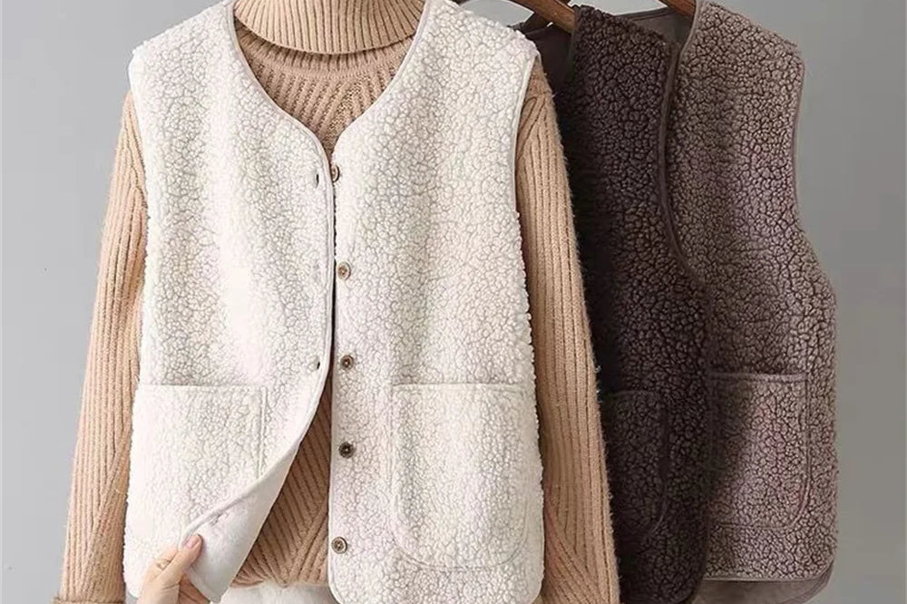 Hana - Women's Sleeveless Teddy Fleece Vest - Beige