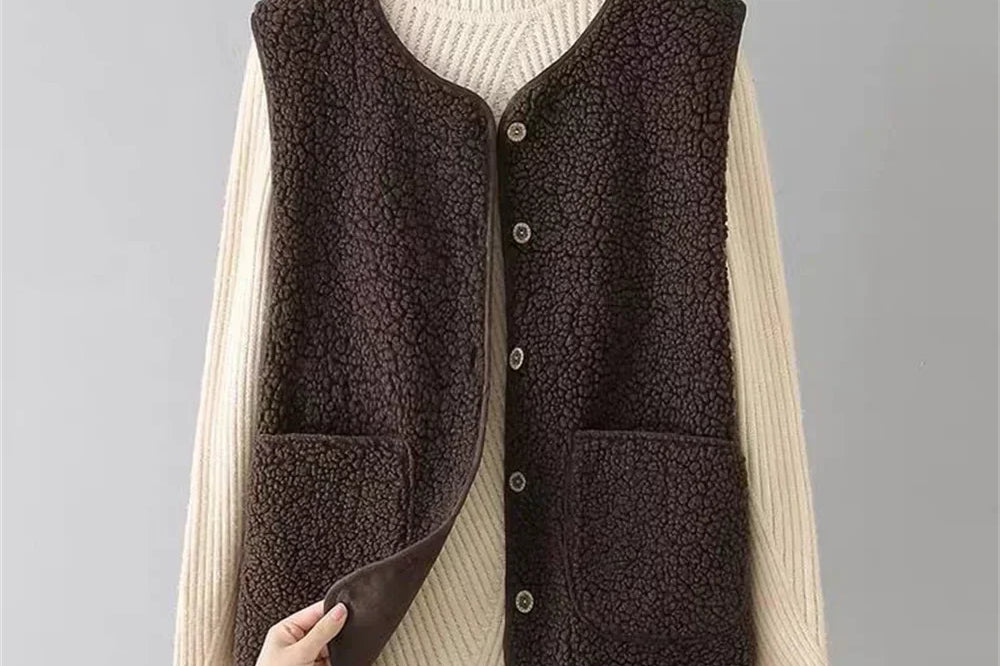 Hana - Women's Sleeveless Teddy Fleece Vest - Brown