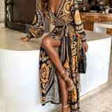 Hanne - Women's Golden Print Maxi Dress with High Slit - Gold