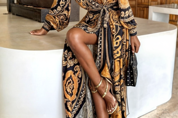 Hanne - Women's Golden Print Maxi Dress with High Slit - Gold