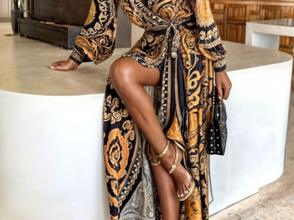 Hanne - Women's Golden Print Maxi Dress with High Slit - Gold