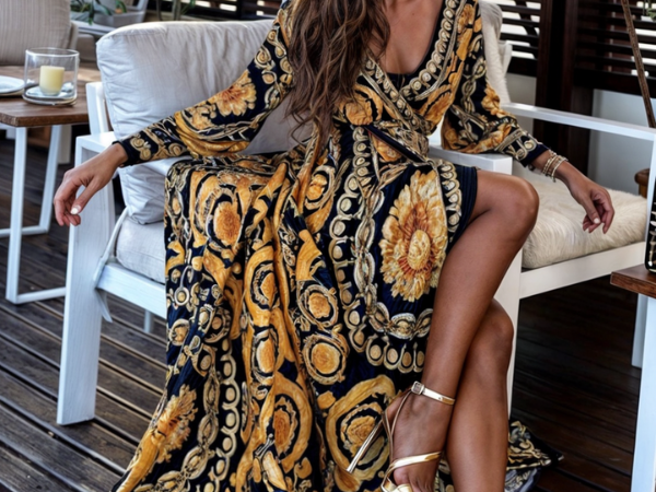 Hanne - Women's Golden Print Maxi Dress with High Slit