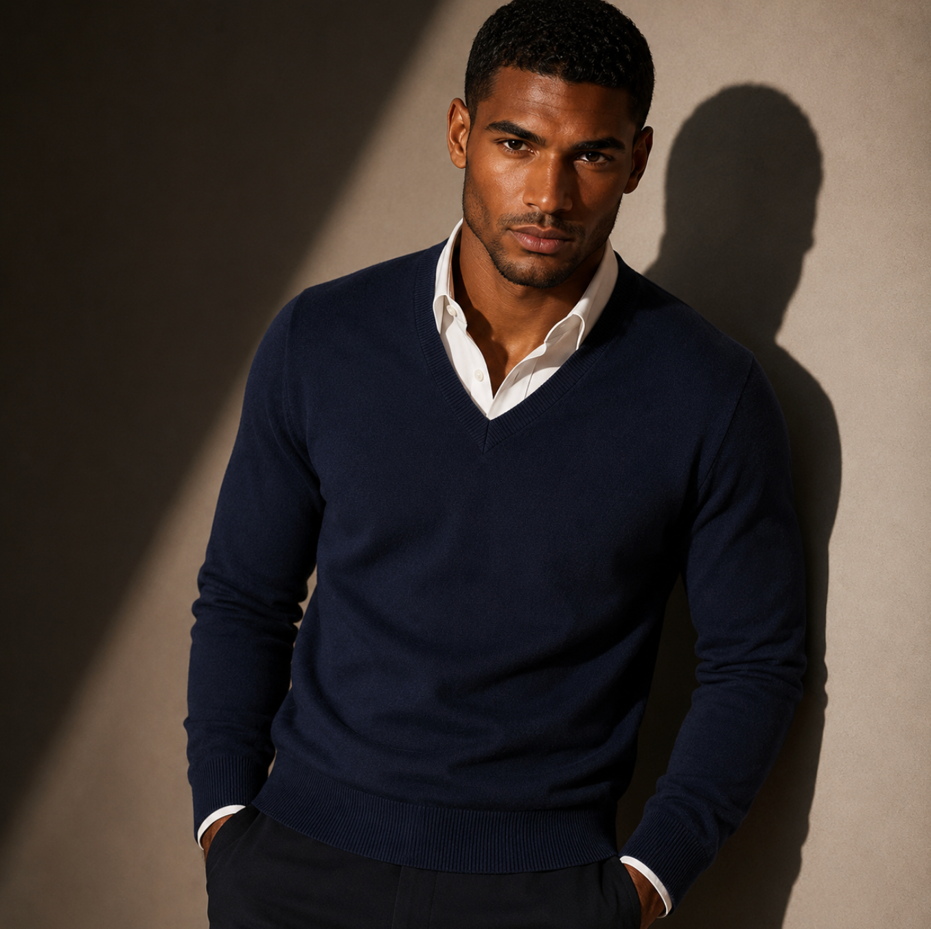 Harrison - Men's Soft Knit V-Neck Sweater with Ribbed Trims - Navy