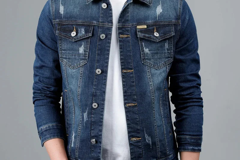 Harry - Men's Faded Stretch Denim Jacket - Dark Blue