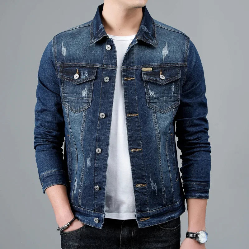 Harry - Men's Faded Stretch Denim Jacket - Dark Blue