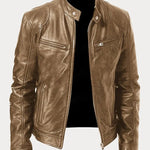 Hector - Men's Leather-Look Zip-Up Moto Jacket - Beige