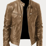 Hector - Men's Leather-Look Zip-Up Moto Jacket - Beige