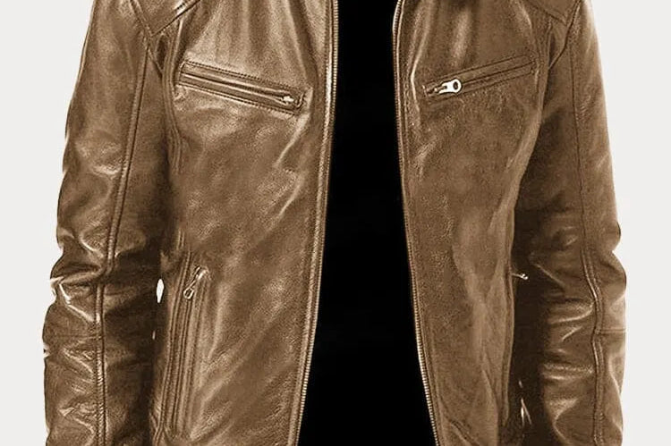 Hector - Men's Leather-Look Zip-Up Moto Jacket - Beige