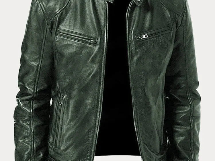 Hector - Men's Leather-Look Zip-Up Moto Jacket - Green