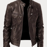 Hector - Men's Leather-Look Zip-Up Moto Jacket - Brown