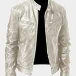 Hector - Men's Leather-Look Zip-Up Moto Jacket - Silver