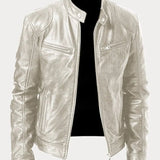 Hector - Men's Leather-Look Zip-Up Moto Jacket - Silver