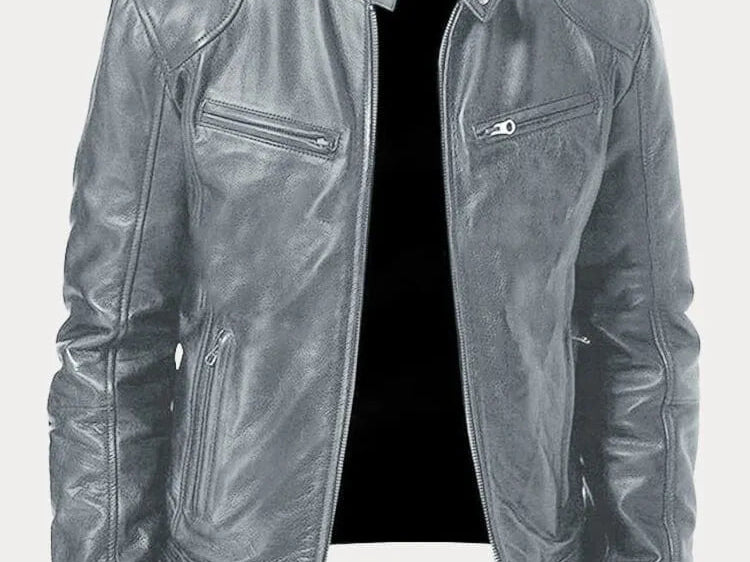 Hector - Men's Leather-Look Zip-Up Moto Jacket - Gray