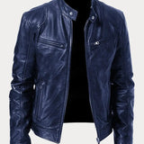 Hector - Men's Leather-Look Zip-Up Moto Jacket - Navy