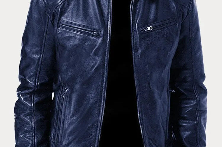 Hector - Men's Leather-Look Zip-Up Moto Jacket - Navy