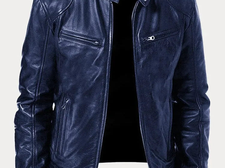 Hector - Men's Leather-Look Zip-Up Moto Jacket - Navy