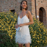 Hedda - Women's Feather Trim Fitted Mini Dress - White