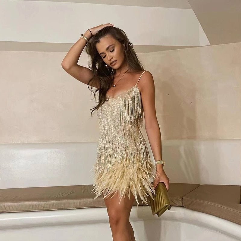 Hedda - Women's Feather Trim Fitted Mini Dress - Gold