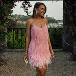 Hedda - Women's Feather Trim Fitted Mini Dress - Pink