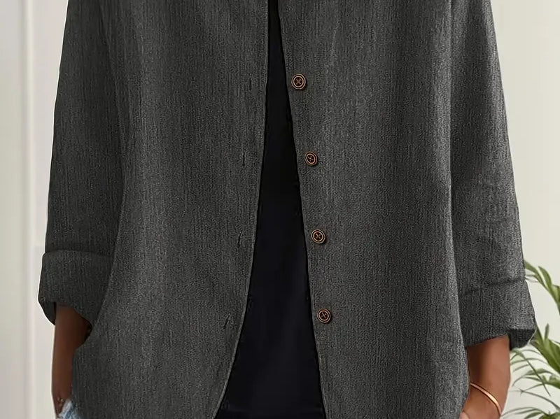 Helle - Women's Oversized Button-Front Blazer - Dark Grey