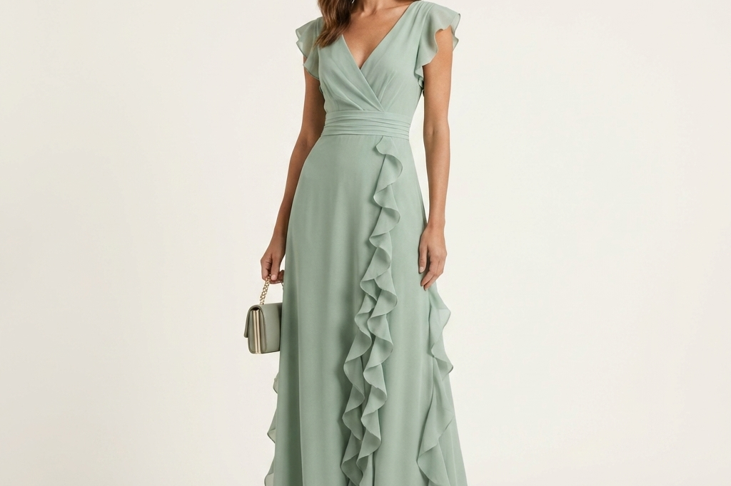 Women's Ruffle Wrap Maxi Dress | Elegant Silky V-Neck Layered-Sleeve Gown