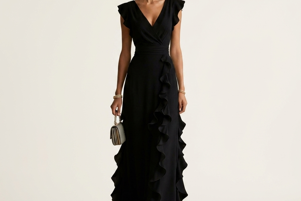 Women's Ruffle Wrap Maxi Dress | Elegant Silky V-Neck Layered-Sleeve Gown