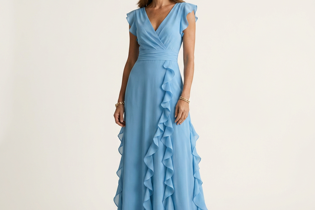 Women's Ruffle Wrap Maxi Dress | Elegant Silky V-Neck Layered-Sleeve Gown