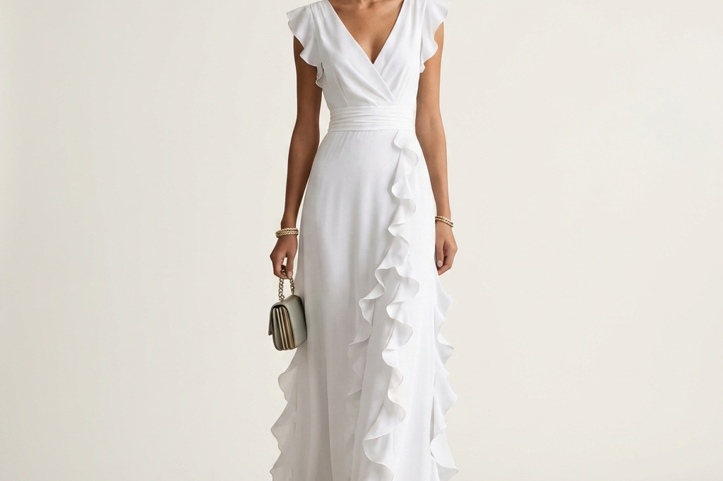 Women's Ruffle Wrap Maxi Dress | Elegant Silky V-Neck Layered-Sleeve Gown