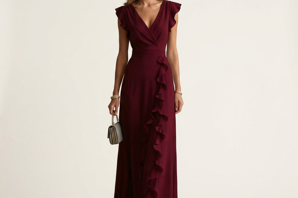 Women's Ruffle Wrap Maxi Dress | Elegant Silky V-Neck Layered-Sleeve Gown