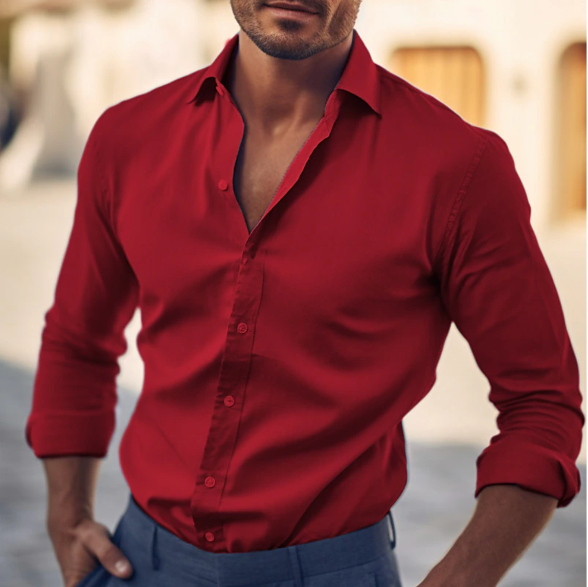 Holt - Men's Classic Long Sleeve Button-Up Shirt - Red