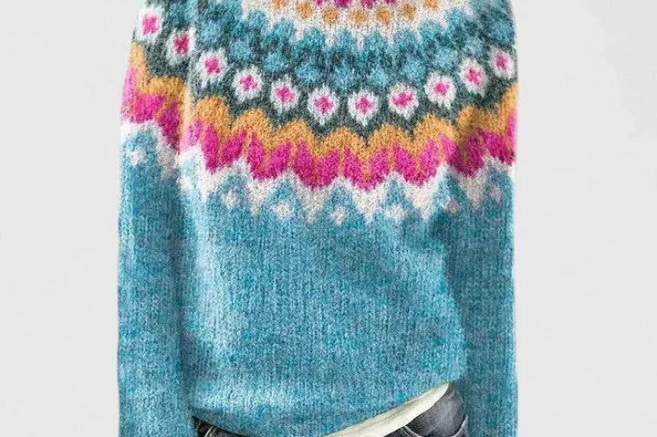 Idony - Women's Fair Isle Crew Neck Knit Jumper - Ocean Blue