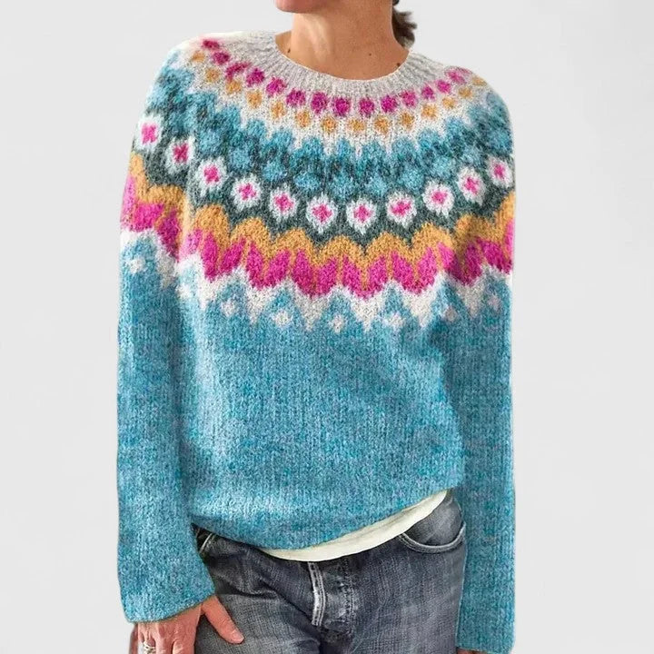 Idony - Women's Fair Isle Crew Neck Knit Jumper - Ocean Blue