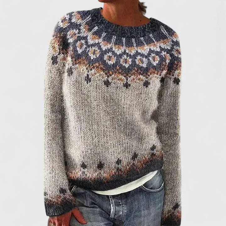 Idony - Women's Fair Isle Crew Neck Knit Jumper - Dark Grey