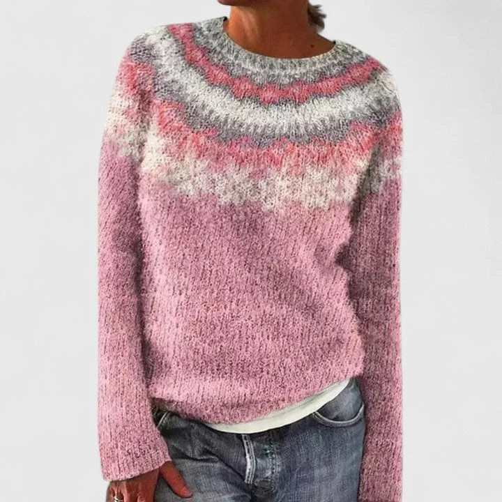 Idony - Women's Fair Isle Crew Neck Knit Jumper - Dusty Pink