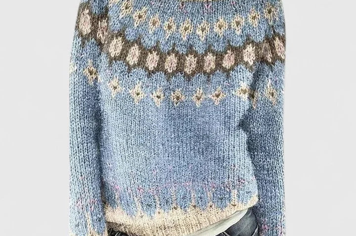 Idony - Women's Fair Isle Crew Neck Knit Jumper - Light Blue