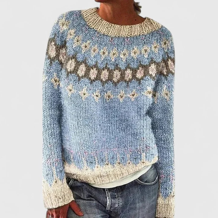 Idony - Women's Fair Isle Crew Neck Knit Jumper - Light Blue