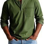 Idris - Men's Long Sleeve Henley Shirt - Army Green
