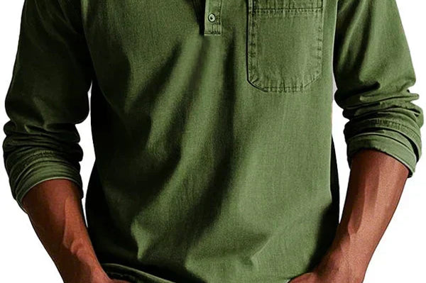 Idris - Men's Long Sleeve Henley Shirt - Army Green