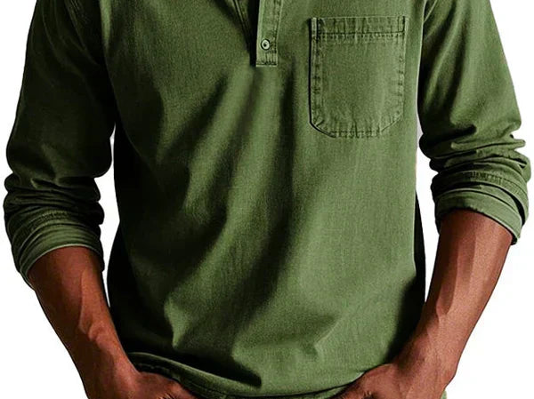 Idris - Men's Long Sleeve Henley Shirt - Army Green