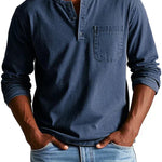 Idris - Men's Long Sleeve Henley Shirt - Navy Blue