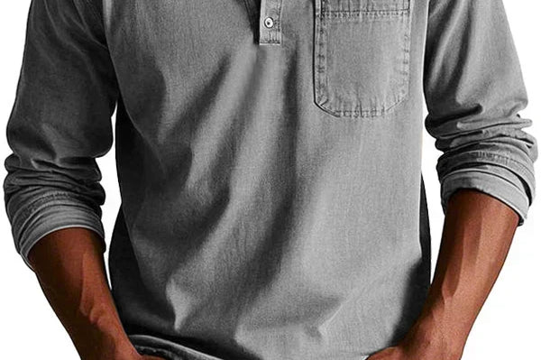 Idris - Men's Long Sleeve Henley Shirt - Grey