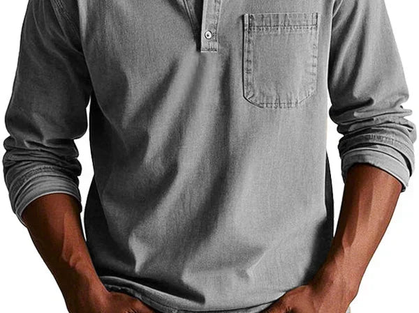 Idris - Men's Long Sleeve Henley Shirt - Grey