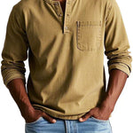 Idris - Men's Long Sleeve Henley Shirt - Khaki