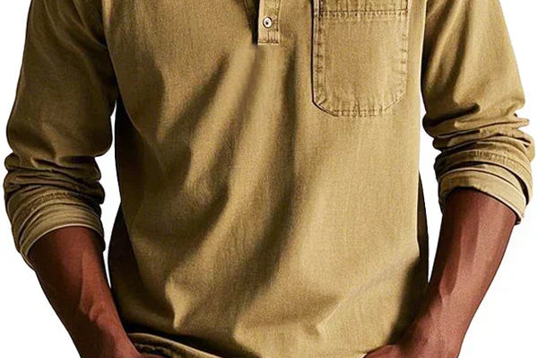Idris - Men's Long Sleeve Henley Shirt - Khaki