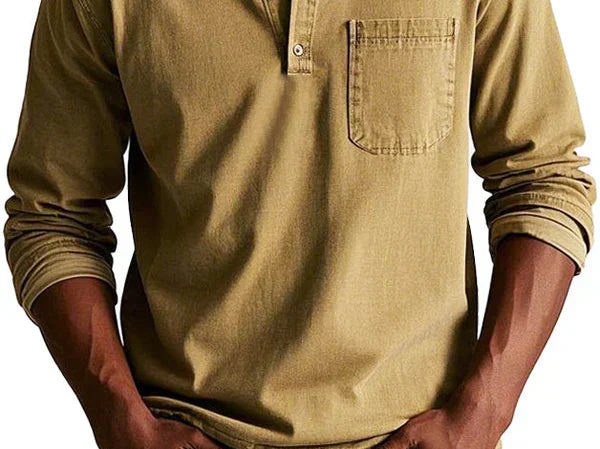 Idris - Men's Long Sleeve Henley Shirt - Khaki