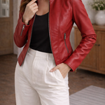 Ilka - Women's Zip-Front Leather Jacket with Stand Collar - Red