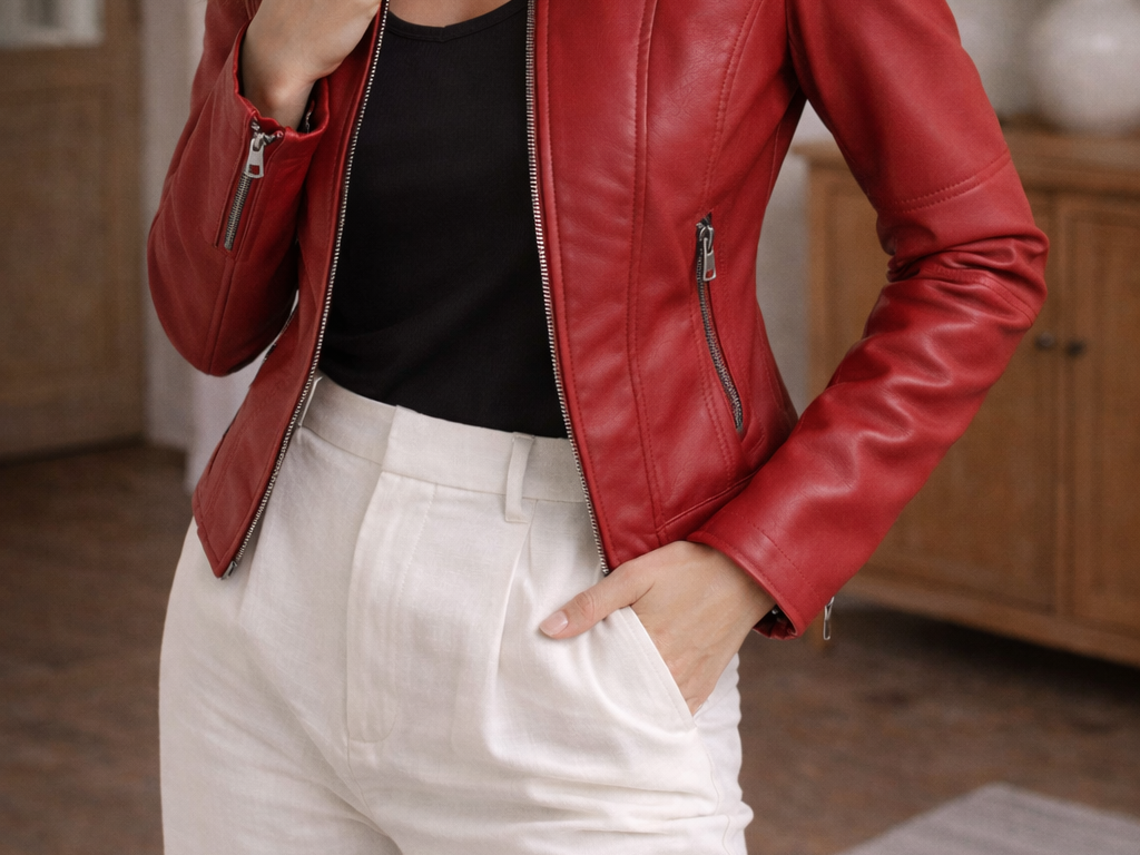 Ilka - Women's Zip-Front Leather Jacket with Stand Collar - Red